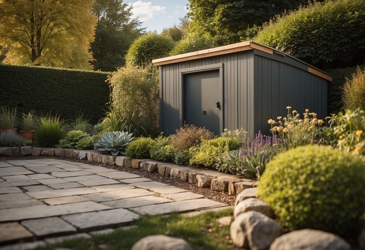 A stone skirting surrounds a garden shed, with various design ideas incorporated into the skirting