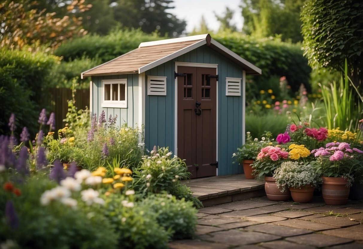 A small garden shed with decorative vents and skirting, surrounded by lush greenery and colorful flowers