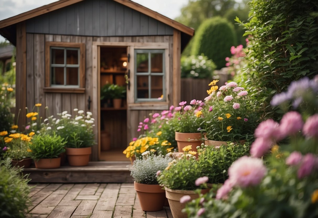 A wooden planter box skirts around a charming garden shed, filled with vibrant flowers and greenery