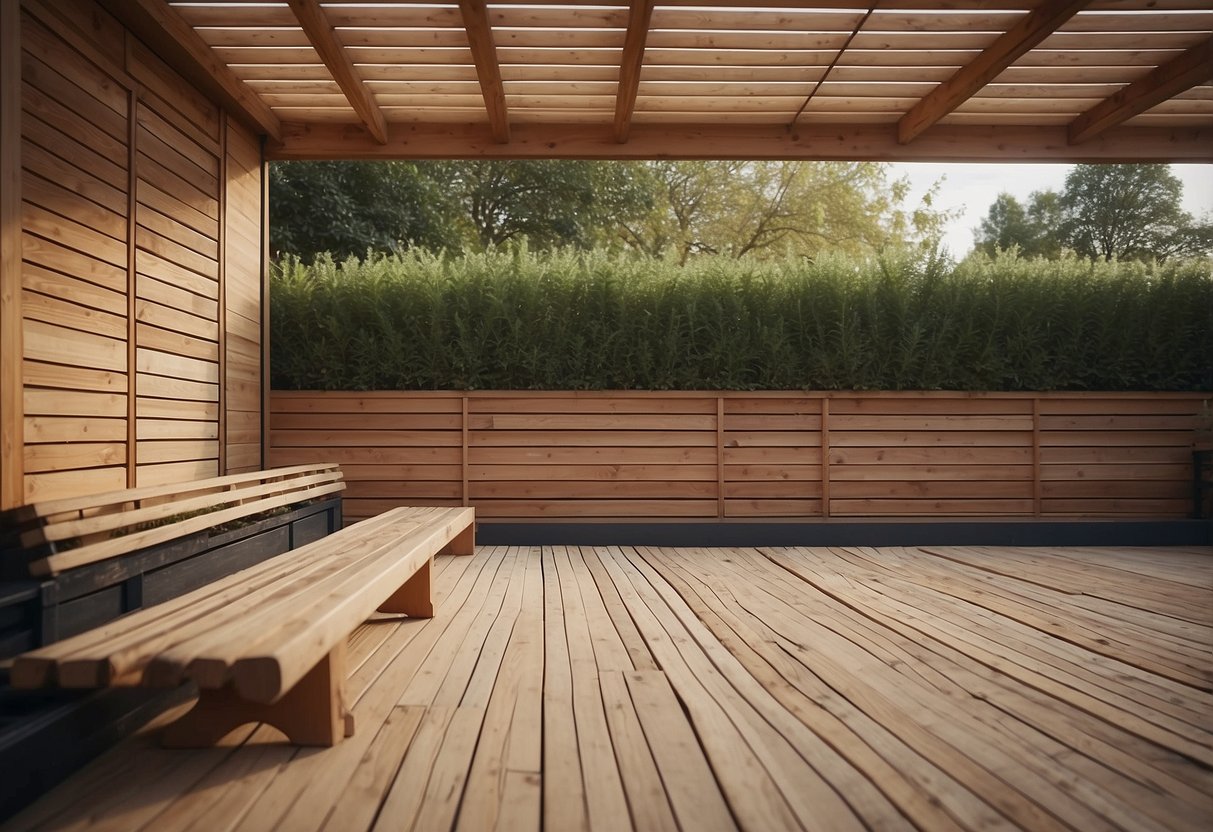 A garden shed with horizontal wood slats skirting the base