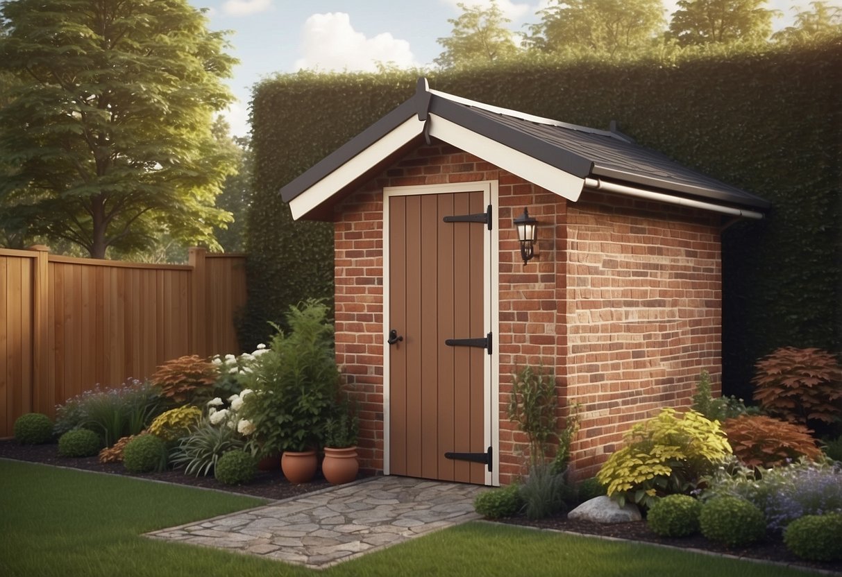 A brick veneer garden shed with decorative skirting and landscaping