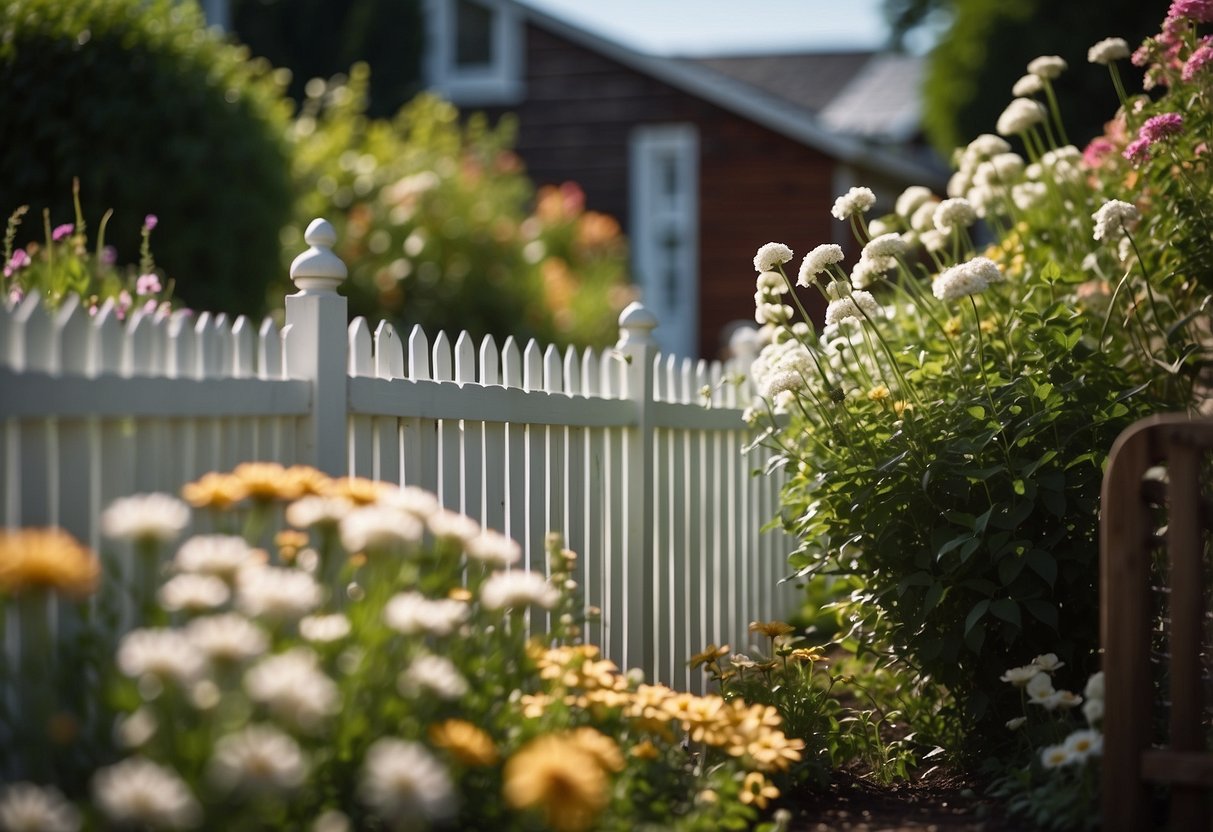 A white picket fence surrounds a garden shed, with flowers and plants skirting the base, creating a charming and picturesque scene