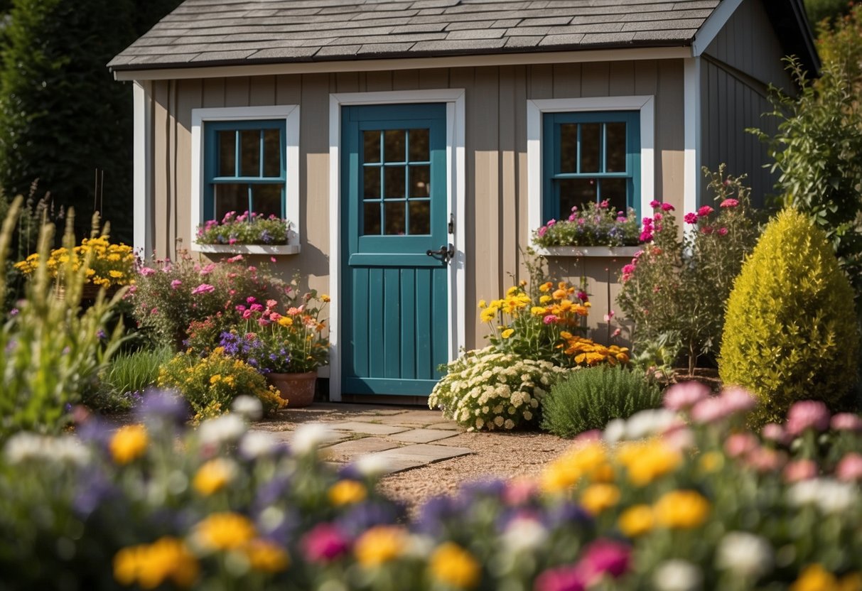 A garden shed with decorative skirting, surrounded by colorful flowers and neatly trimmed bushes. A variety of skirting ideas are displayed around the shed, including wood, stone, and lattice designs