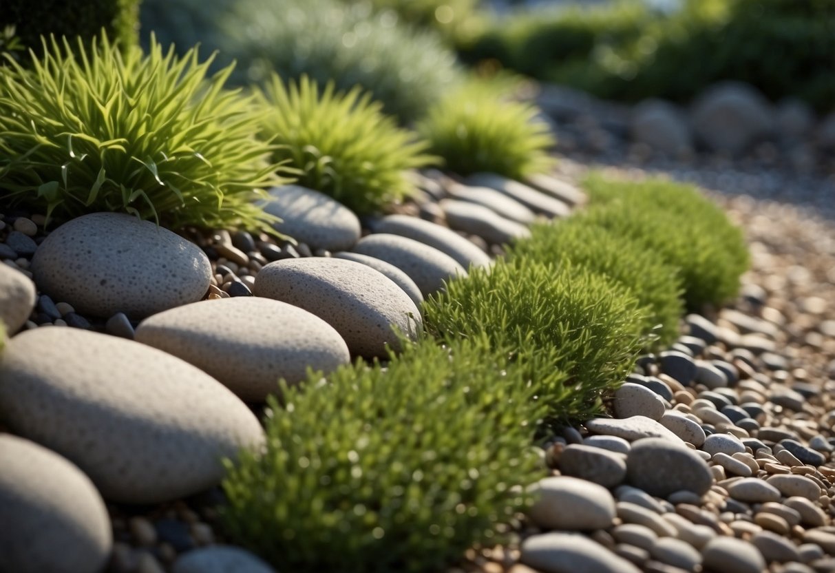 River rocks line the edges of a garden, separating the lush greenery from the gravel path. Slabs of stone create a border, adding structure to the landscape