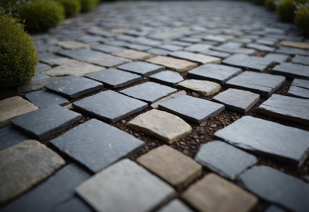 Slate patio tiles arranged in a geometric pattern, surrounded by garden slabs and gravel