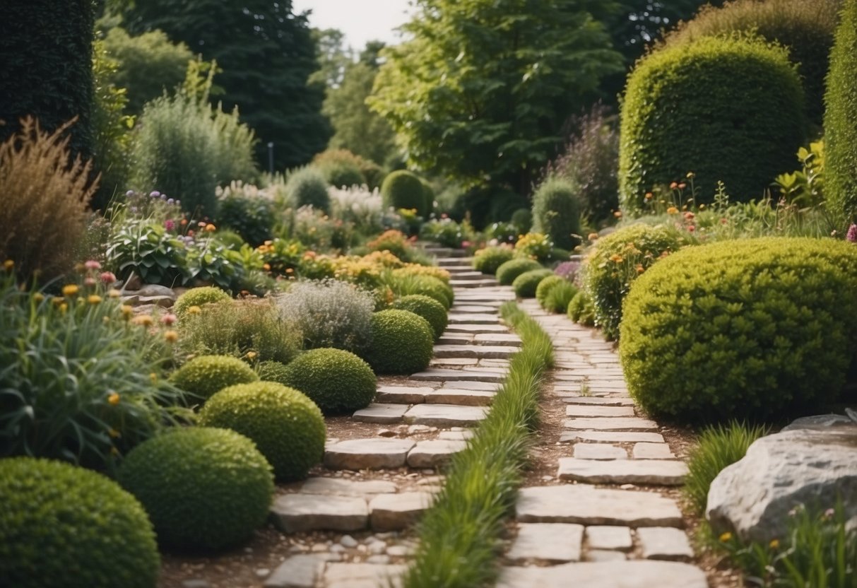 A winding path of limestone steps leads through a garden, surrounded by slabs and gravel