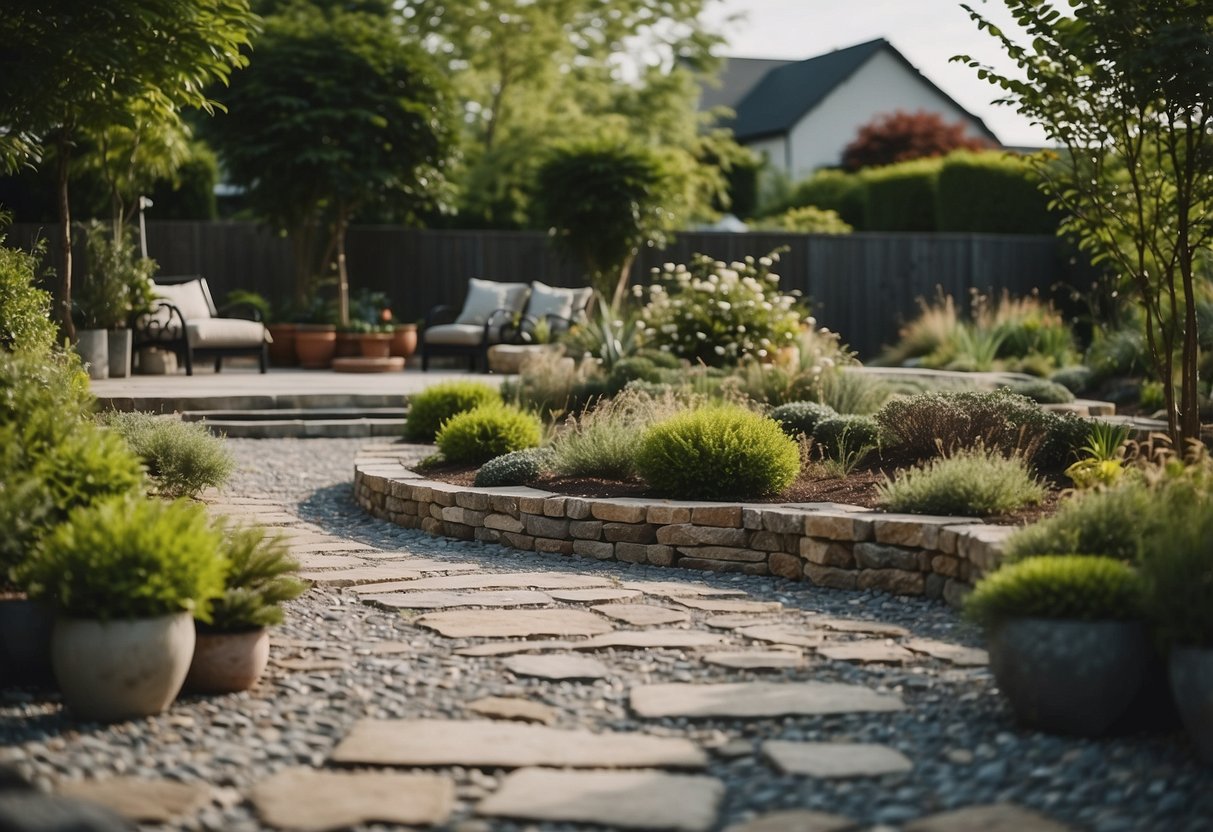 A garden patio with granite slabs surrounded by gravel pathways