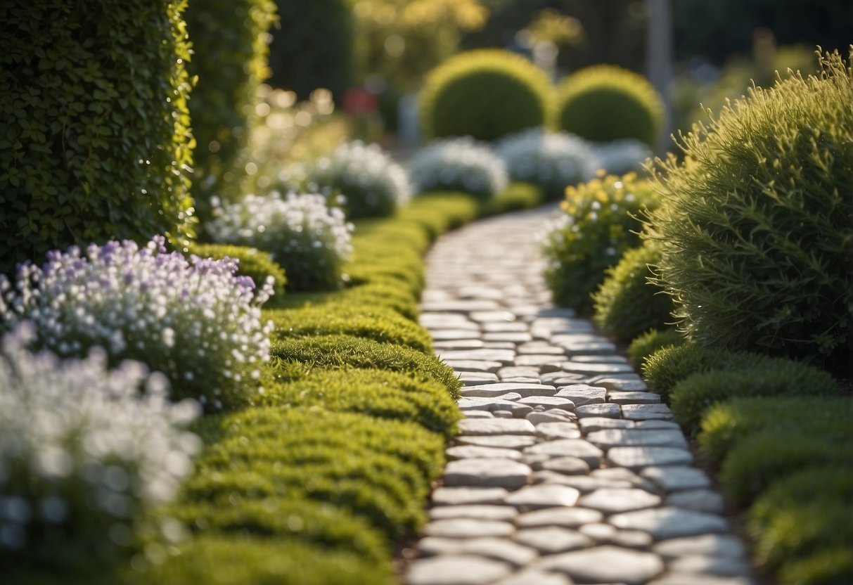 Marble garden edging lines a pathway of gravel and garden slabs, creating a clean and elegant border for the garden