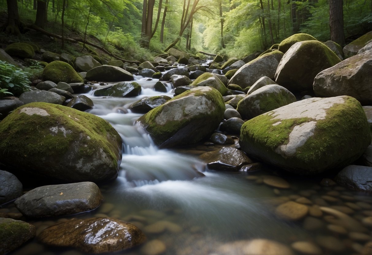 Boulders of various sizes arranged on a sloping creek bank, with flowing water and surrounding greenery