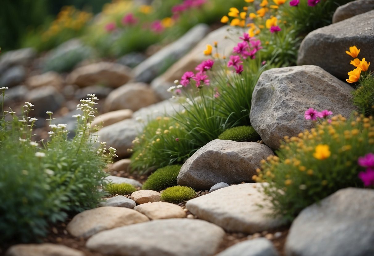 A sloping rock garden features perennial flower pockets, adding color and texture to the landscape