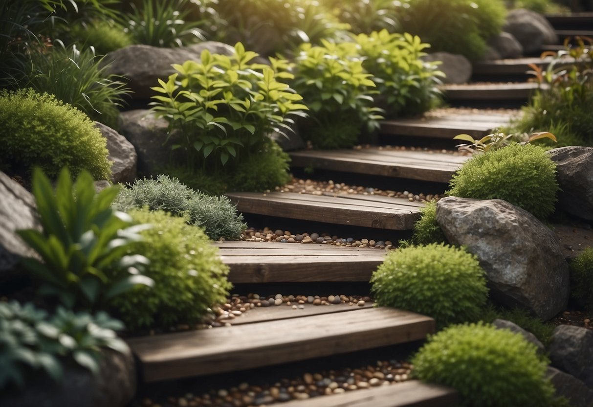 Wooden steps wind up a sloping rock garden, with pebbles scattered among the plants