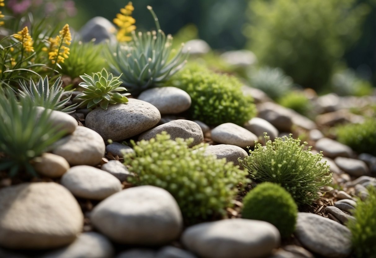 A sloping landscape with carefully arranged rocks, small plants, and winding pathways, creating a serene and harmonious rock garden