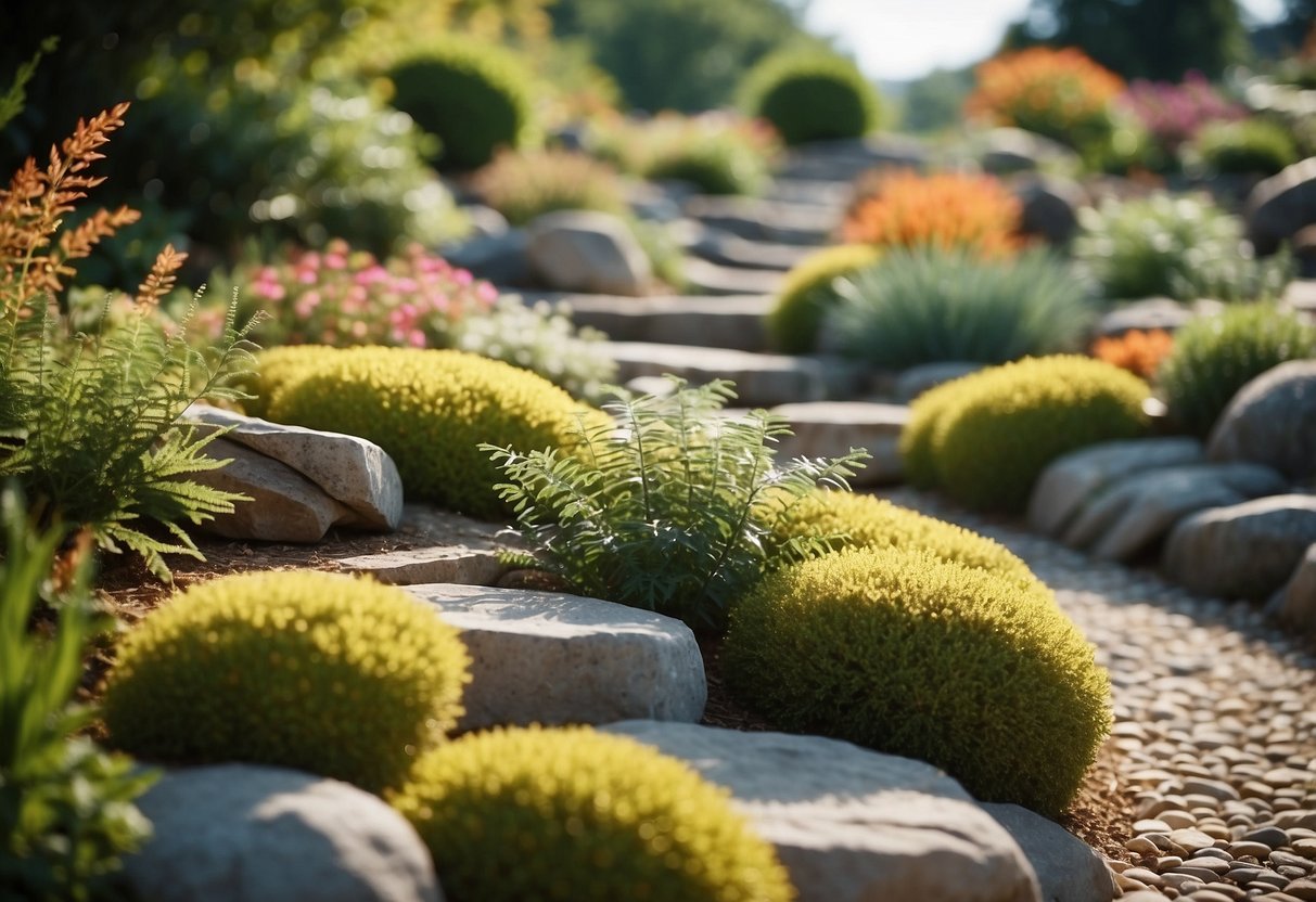 A sloped rock garden with varied textures and colors, featuring low-maintenance plants and a winding path