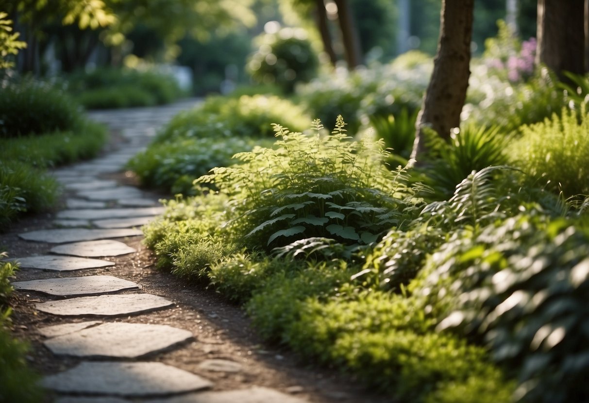 A garden path of imprinted concrete slabs winds through lush greenery, creating a serene and inviting atmosphere