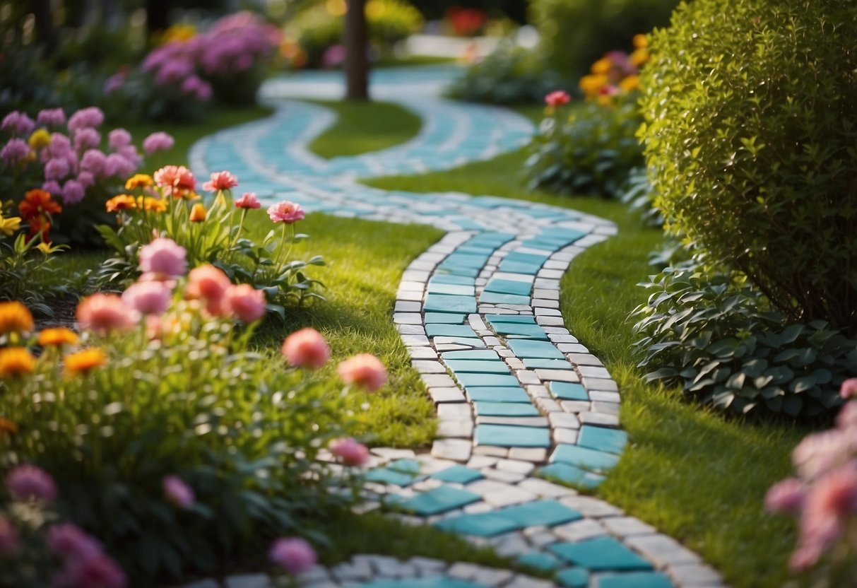 Vibrant ceramic tiles arranged in a winding path through a lush garden, creating a colorful and whimsical stepping stone design