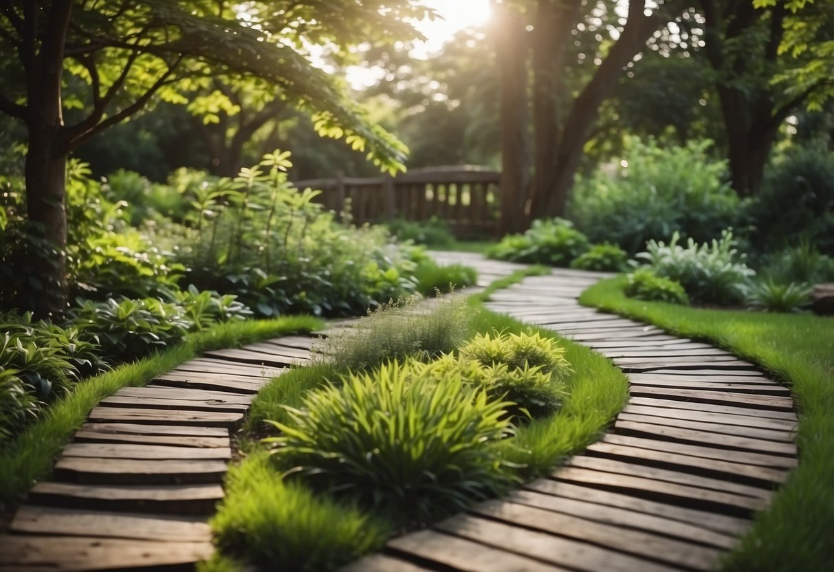 A winding path of reclaimed wood stepping stones meanders through a lush garden, creating a rustic and natural feel