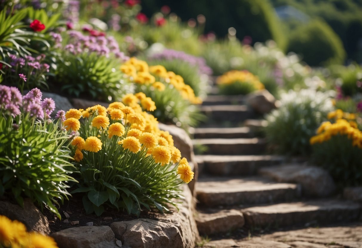 Steep terraced flower beds cascade down the garden bank, creating a beautiful and dynamic landscape