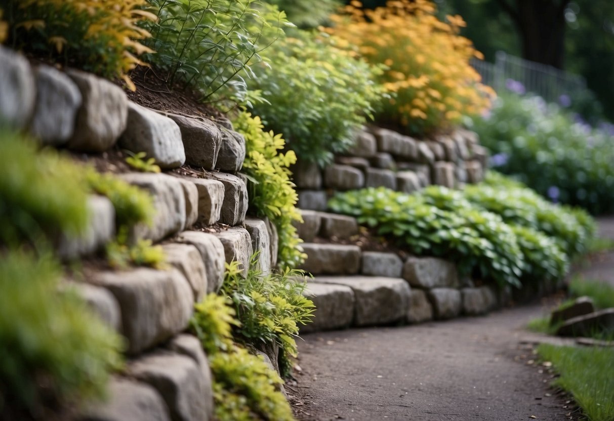 A stone retaining wall curves along a steep bank, holding back layers of lush garden beds