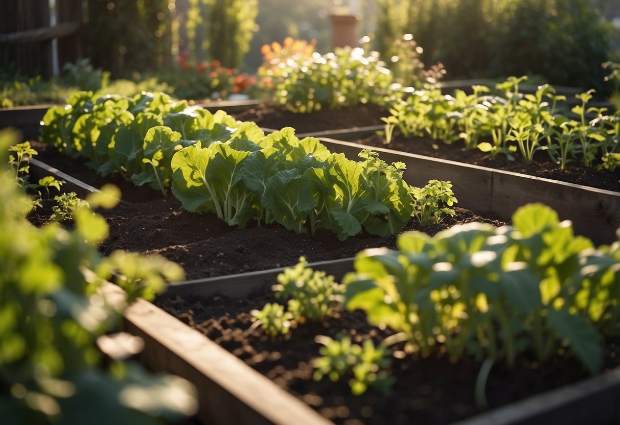 A sloped vegetable garden with terraced beds on a steep bank, featuring a variety of vegetables and herbs growing in the sunlight