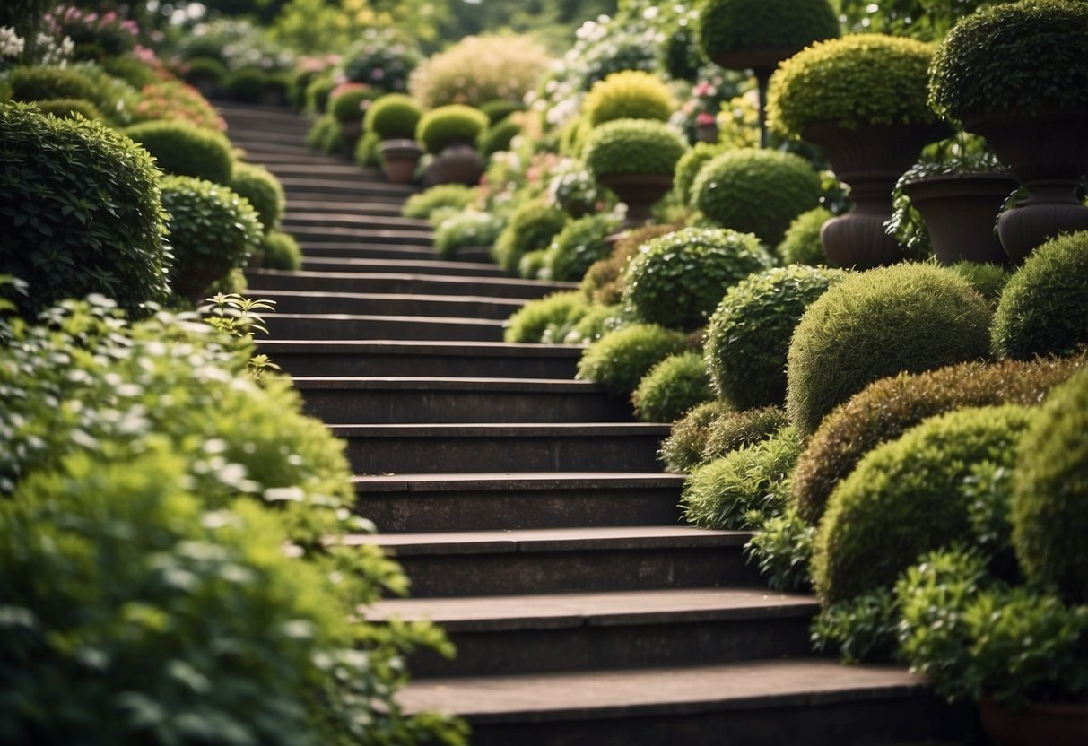 A staircase lined with planters leads up a steep bank in a lush garden setting