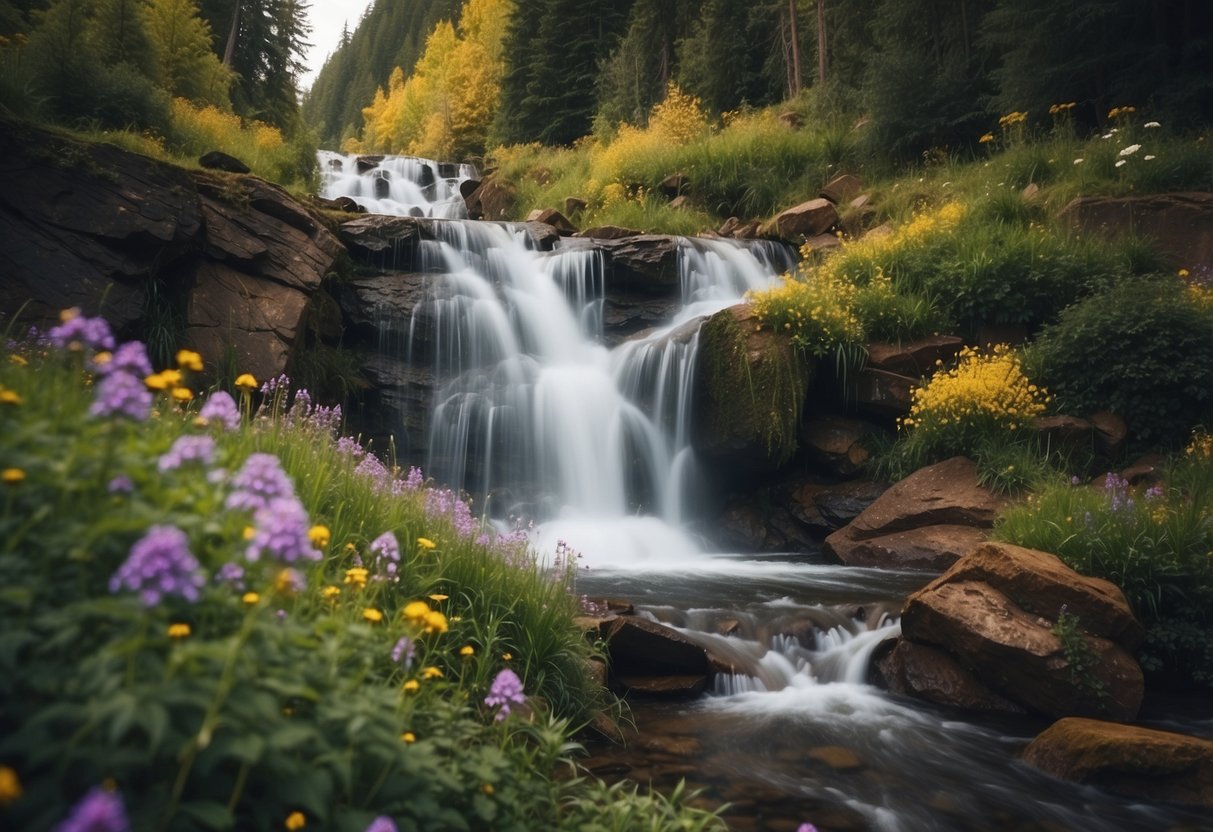 A rushing waterfall cascades over a steep bank, surrounded by a garden of vibrant wildflowers