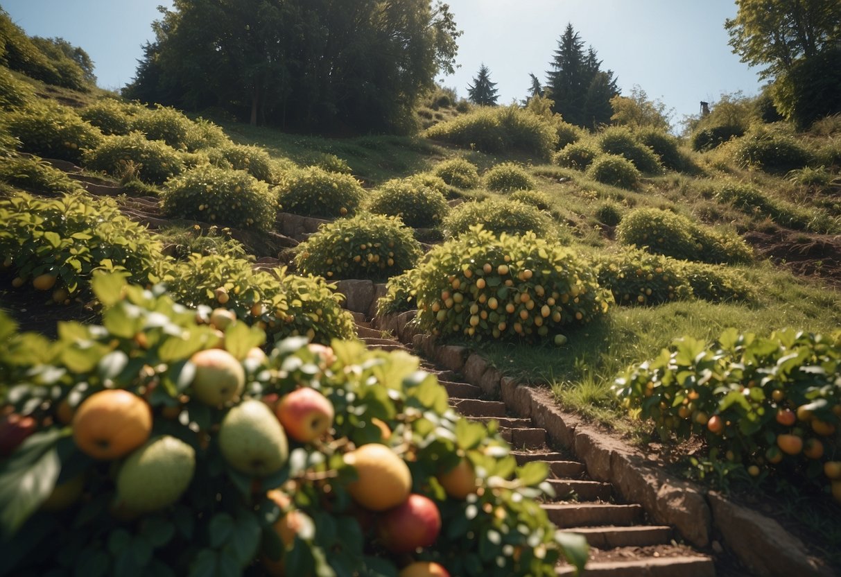 Terraced fruit trees cascade down a steep garden bank