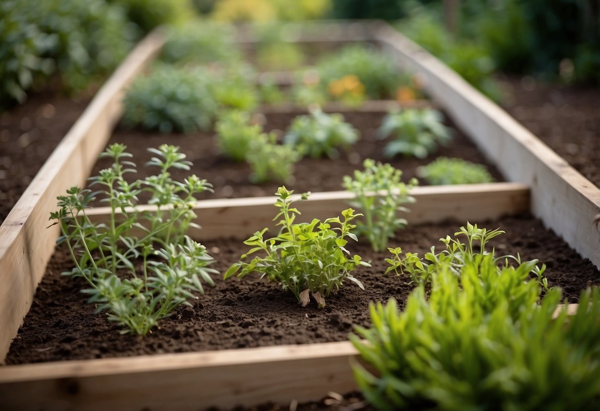 A series of raised garden beds arranged on a steep bank, with various plants and flowers growing in each bed