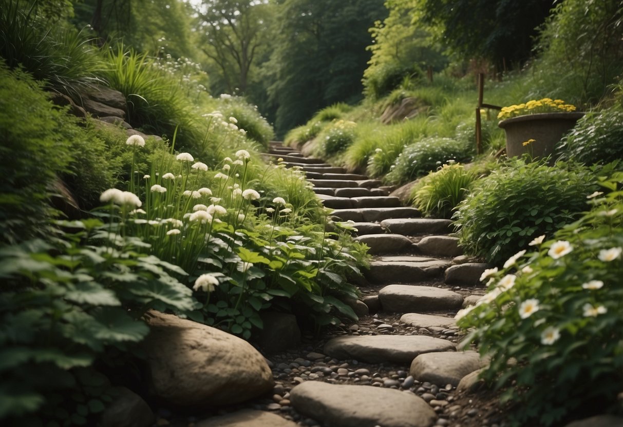 Lush greenery cascades down a steep hillside, vibrant flowers and foliage spilling over the edge. A winding path leads through the garden, with carefully placed stepping stones and a small bubbling stream adding to the tranquil atmosphere