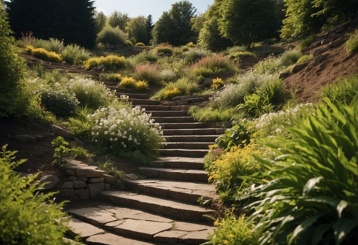 A steep bank garden with terraced levels, winding pathways, and diverse plantings creating visual interest and preventing erosion