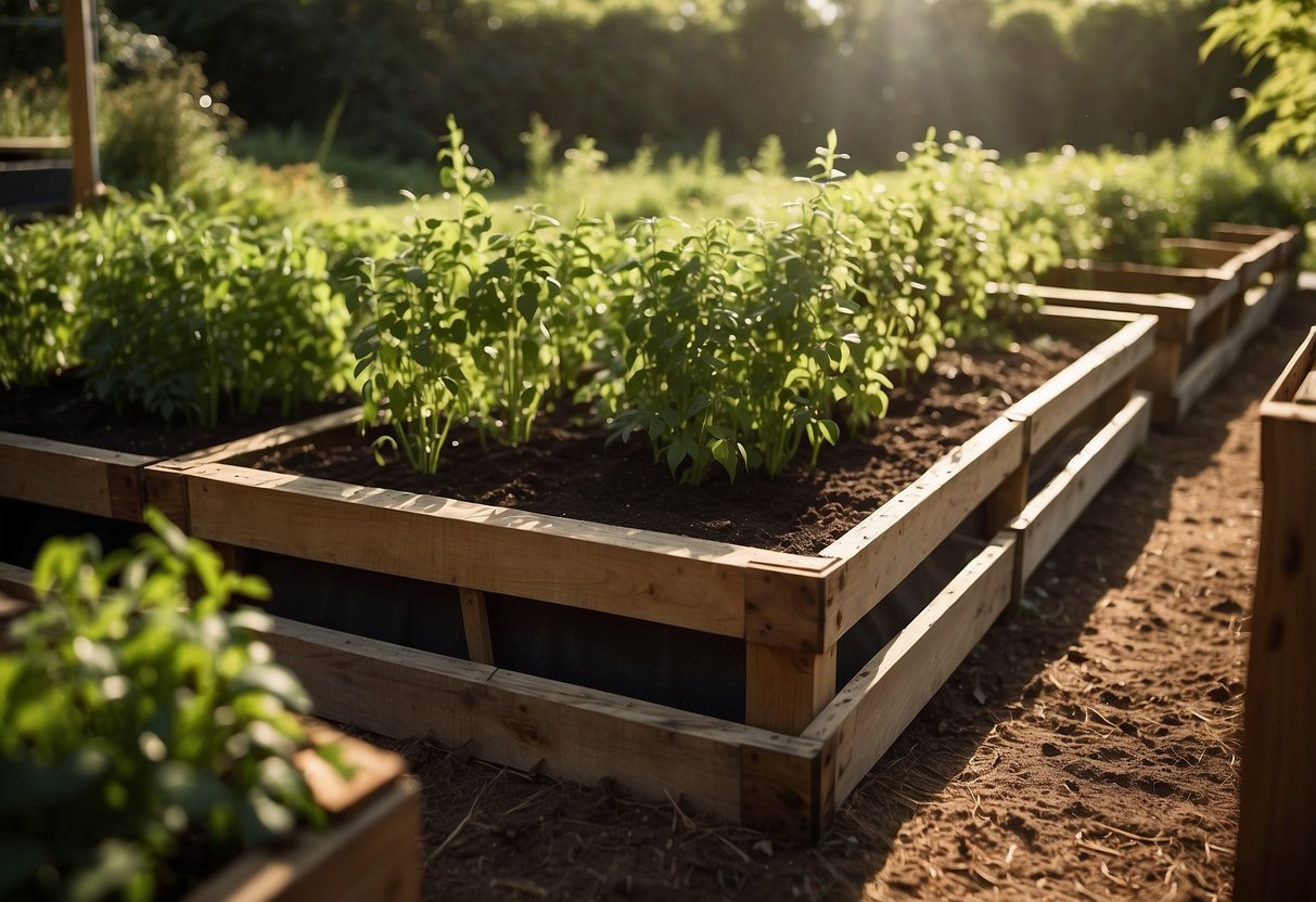 Scaffold boards form compost bins in a lush garden setting. Greenery surrounds the bins, with sunlight casting soft shadows