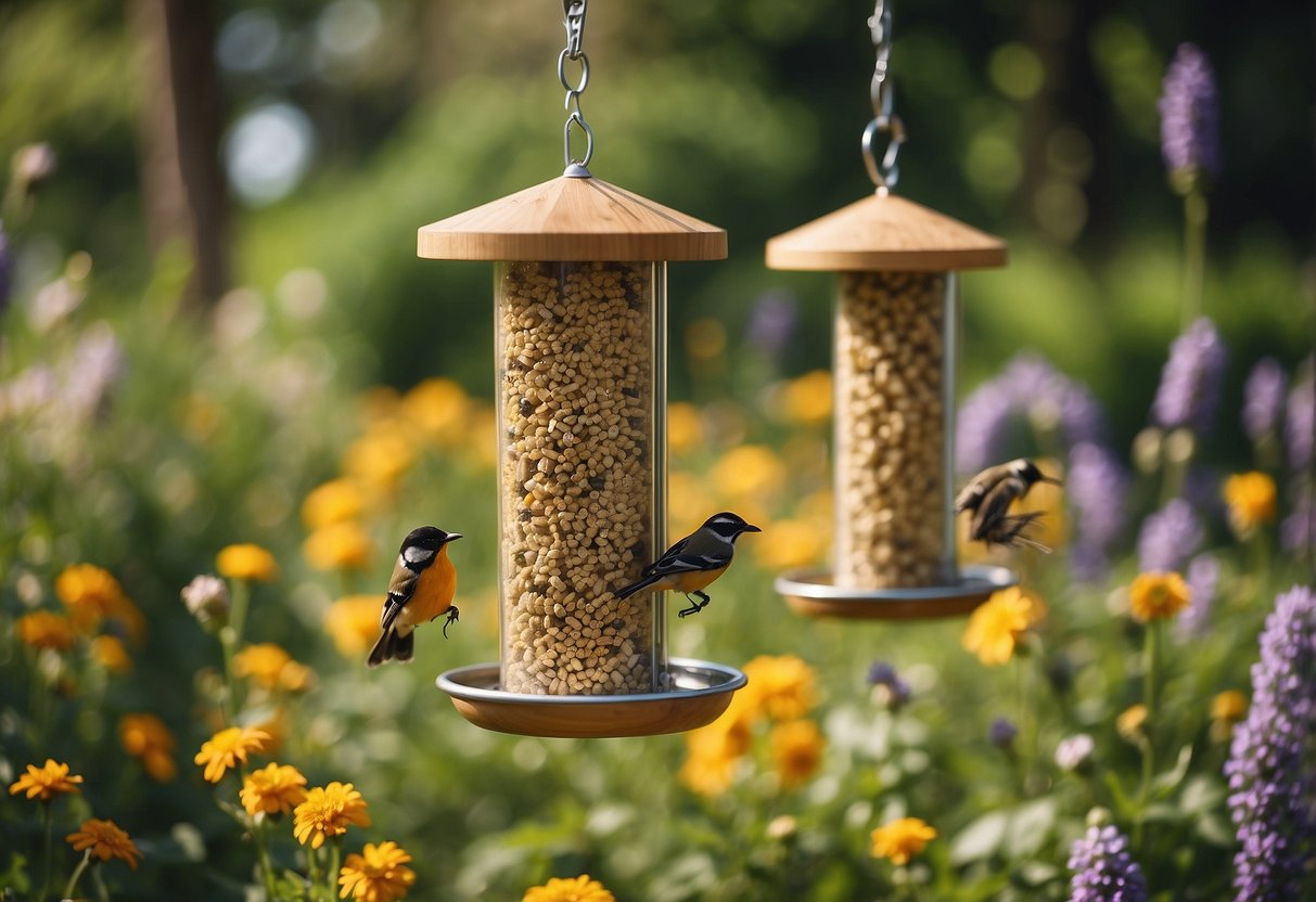 Scaffold board bird feeders hang in a lush garden, surrounded by colorful flowers and buzzing bees