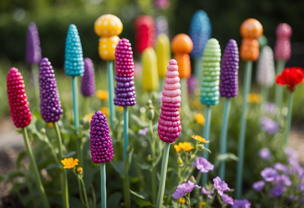 Colorful garden stakes stand tall in a vibrant garden, each one hand-painted with sweet pea designs, adding a touch of whimsy and charm to the outdoor space