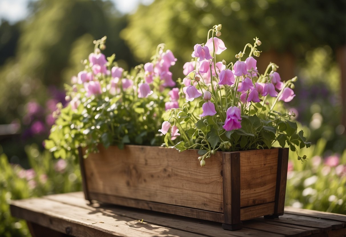 Rustic wooden planters filled with blooming sweet peas in a lush garden setting