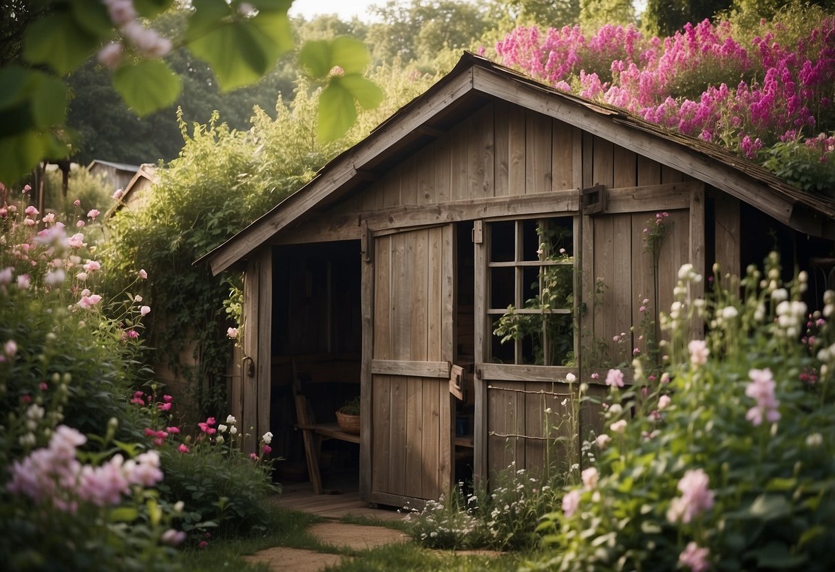 A rustic wooden shed overflows with vintage garden tools amidst a lush backdrop of blooming sweet pea vines and trellises