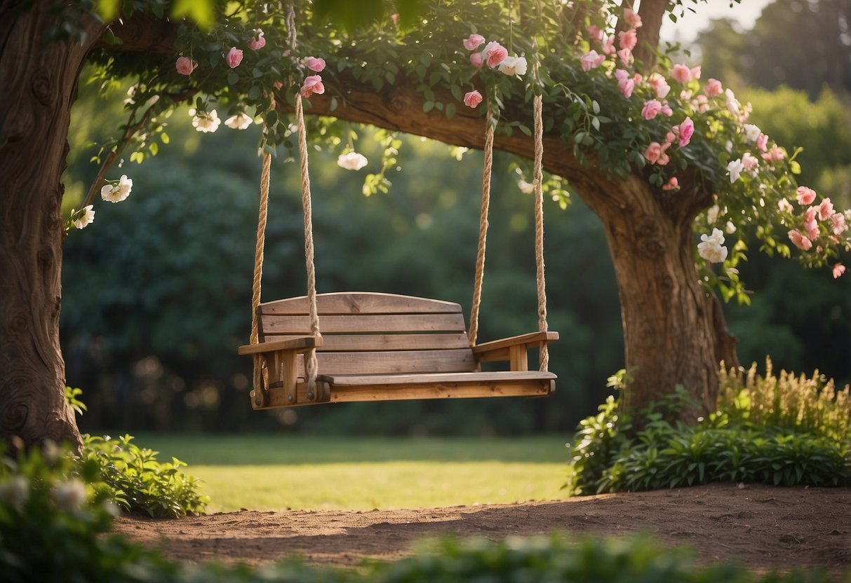 A rustic wooden swing hangs from a sturdy tree branch in a lush garden setting, surrounded by blooming flowers and greenery