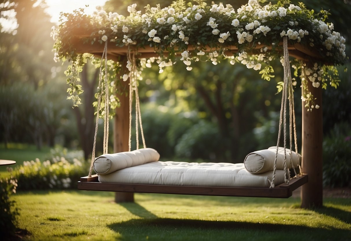 A cozy canopy swing bed hangs from a sturdy tree, surrounded by lush greenery and blooming flowers in a peaceful garden setting