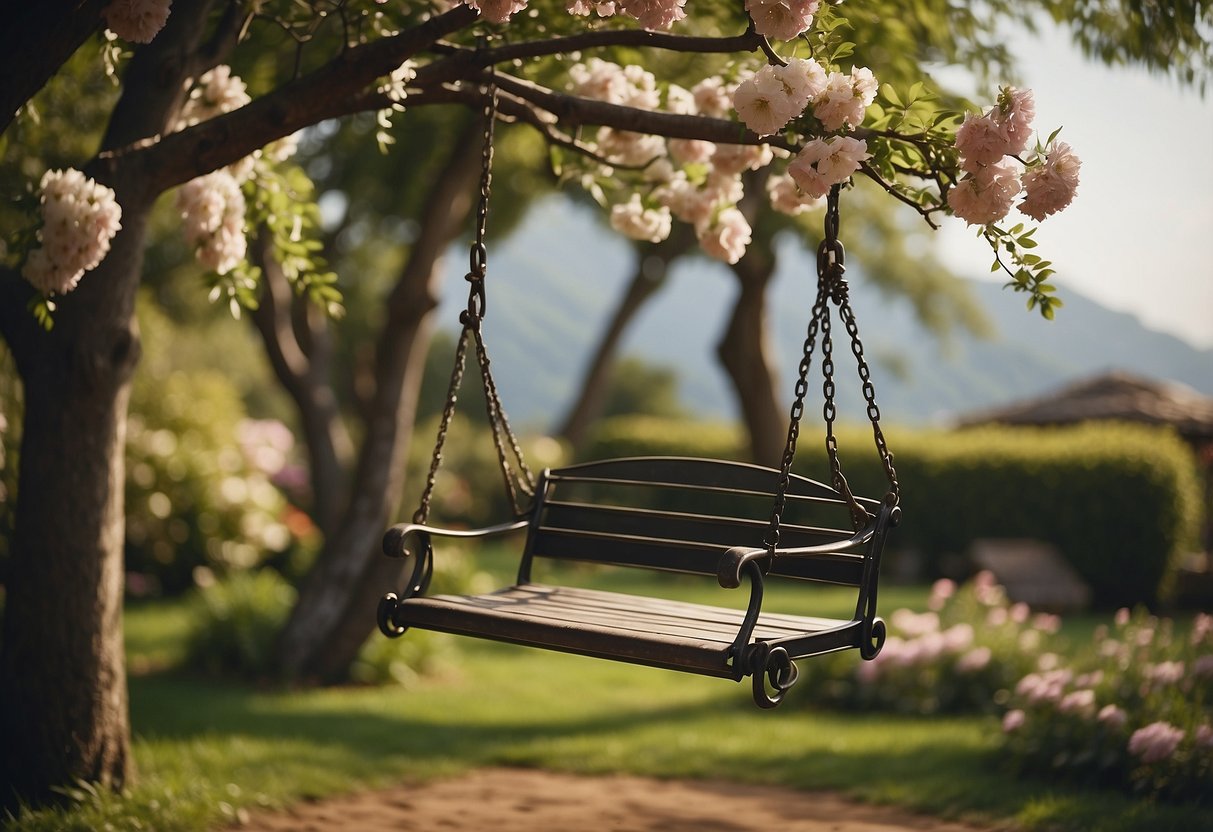 A vintage iron swing hangs from a sturdy tree branch in a lush garden, surrounded by blooming flowers and greenery