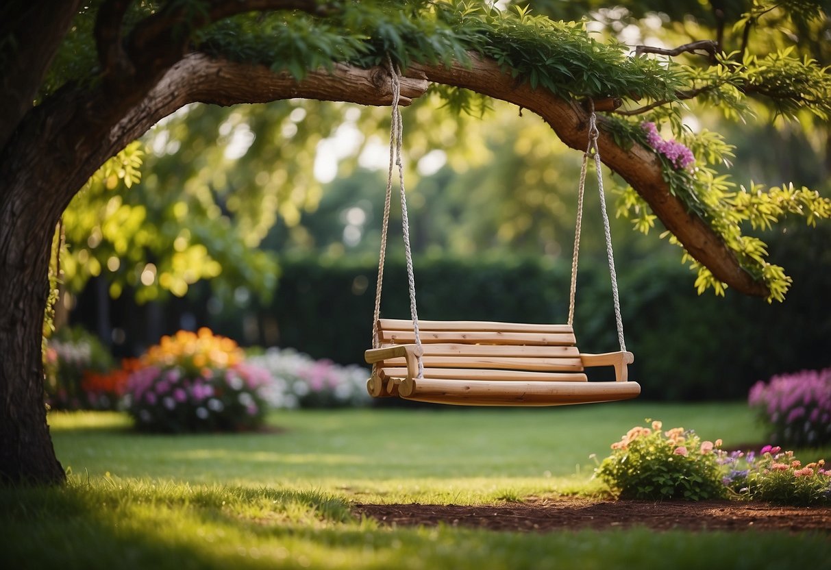 A cedar log swing hangs from a sturdy branch in a lush garden, surrounded by colorful flowers and green foliage