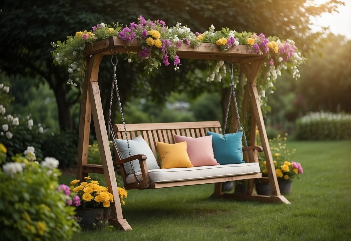 A garden swing seat made of sturdy wood or metal, adorned with colorful cushions, surrounded by lush greenery and blooming flowers