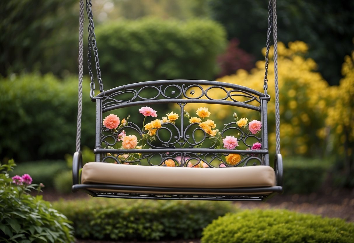 A garden swing seat is securely installed on a sturdy frame. Safety tips are displayed nearby. The scene is surrounded by lush greenery and colorful flowers