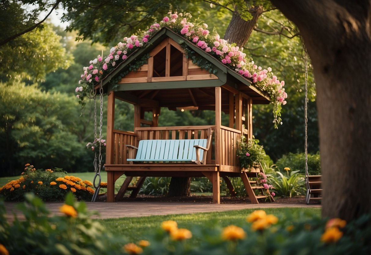 A treehouse sits nestled in a lush garden, with a swing set combo attached. The swing set is surrounded by colorful flowers and greenery, creating a picturesque scene