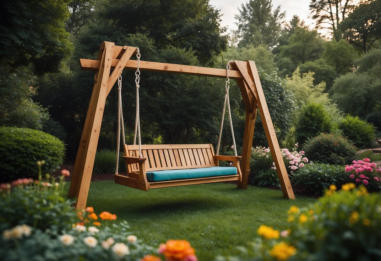 A modern A-frame swing set stands in a lush garden, surrounded by colorful flowers and lush greenery. The sleek design and clean lines of the swing set create a contemporary and inviting outdoor space