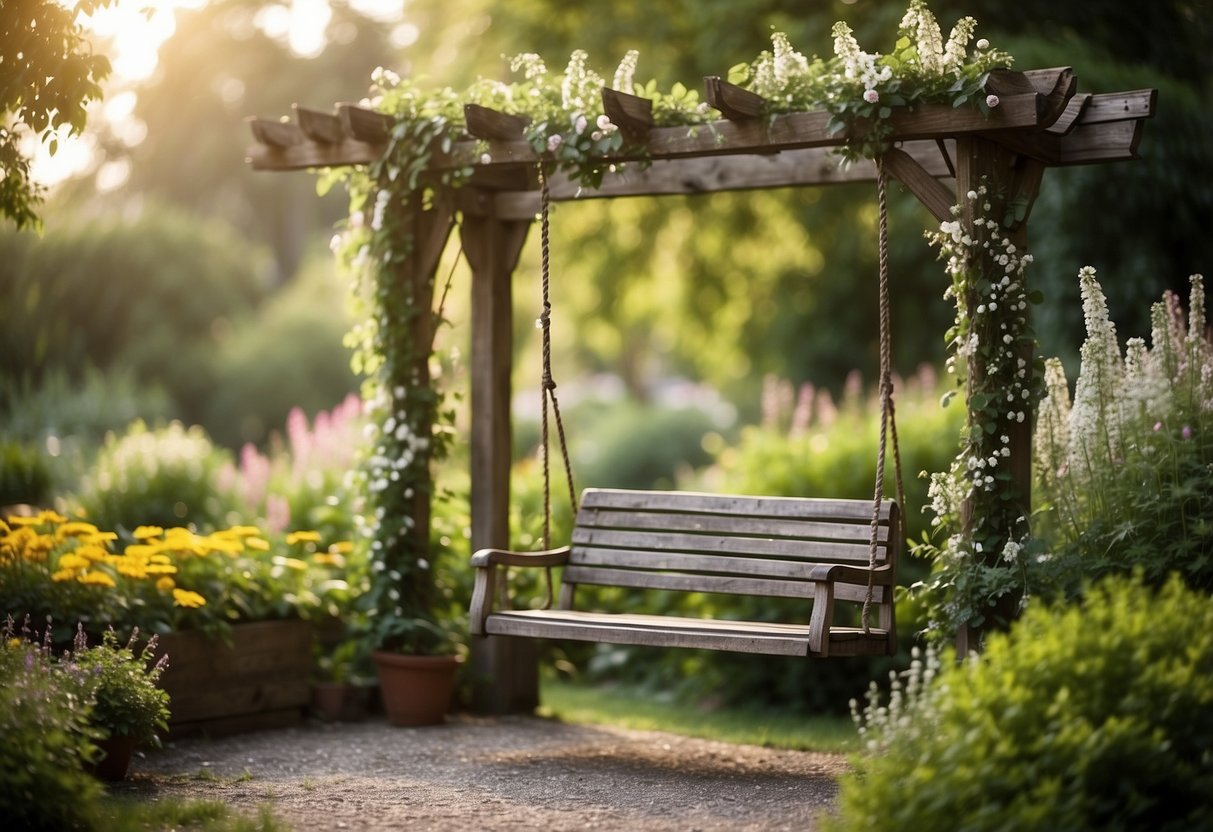 A rustic wooden swing hangs from a pergola in a lush garden setting. The swing is weathered and worn, surrounded by blooming flowers and greenery