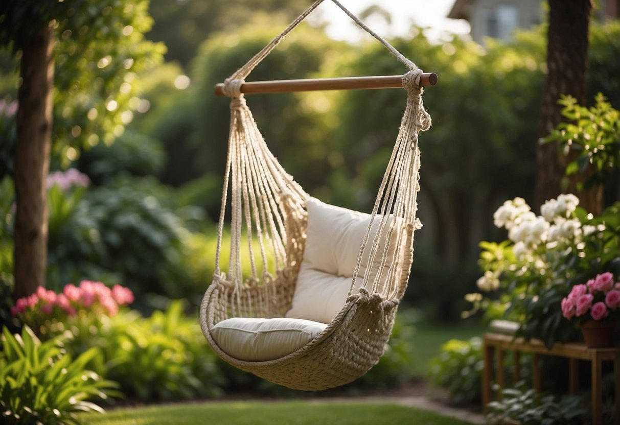 A hammock chair swing hangs from a sturdy frame in a lush garden, surrounded by blooming flowers and greenery