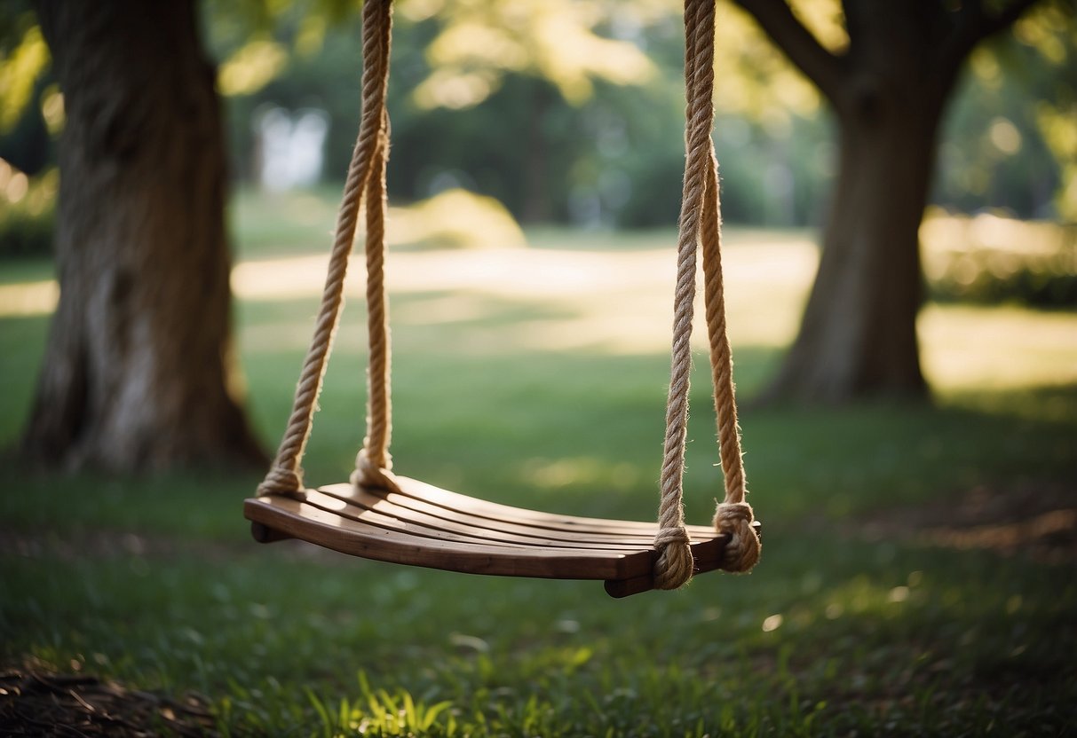 A rope and wood tree swing hangs from a sturdy branch in a lush garden setting