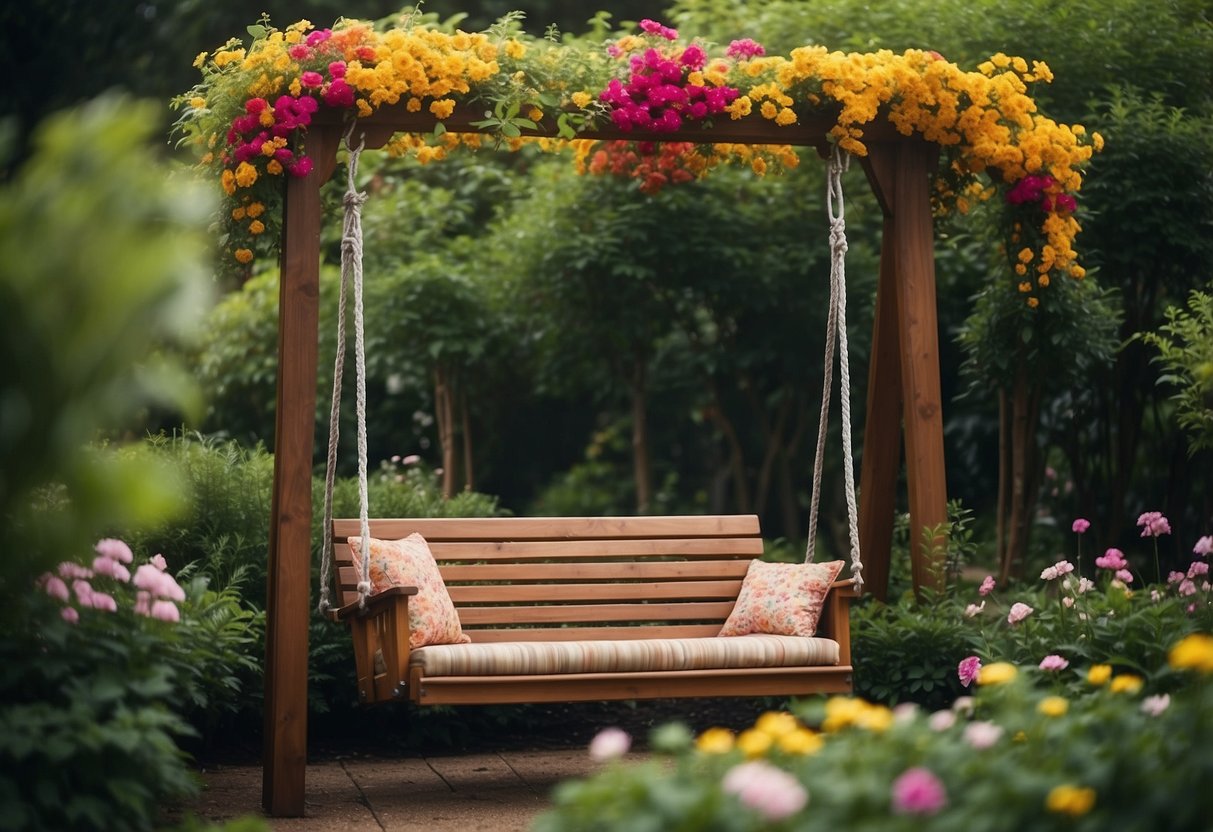 A multicolored canopy swing set hangs in a lush garden, surrounded by vibrant flowers and greenery