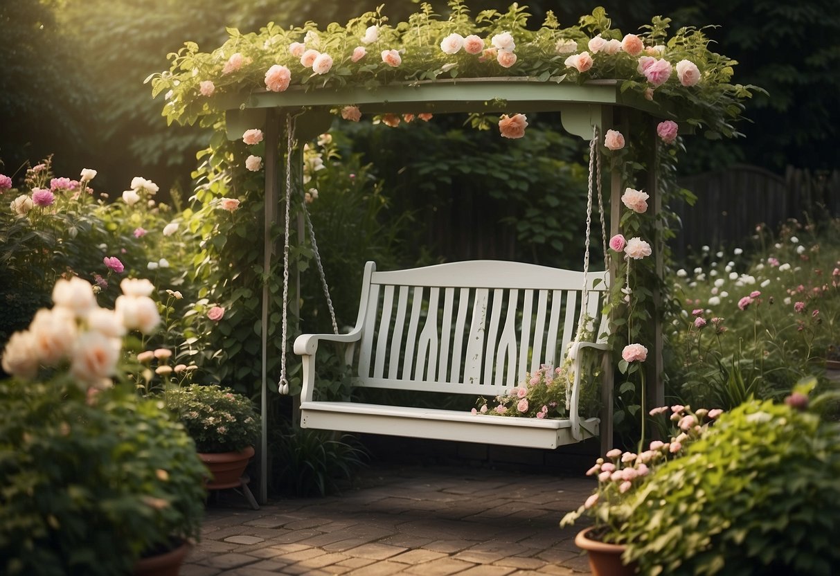 A garden swing bench with a trellis stands in a lush, green garden, surrounded by blooming flowers and tall, leafy plants