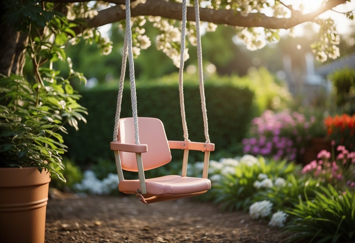 A colorful toddler bucket swing seat hangs from a sturdy swing set in a lush garden, surrounded by blooming flowers and greenery