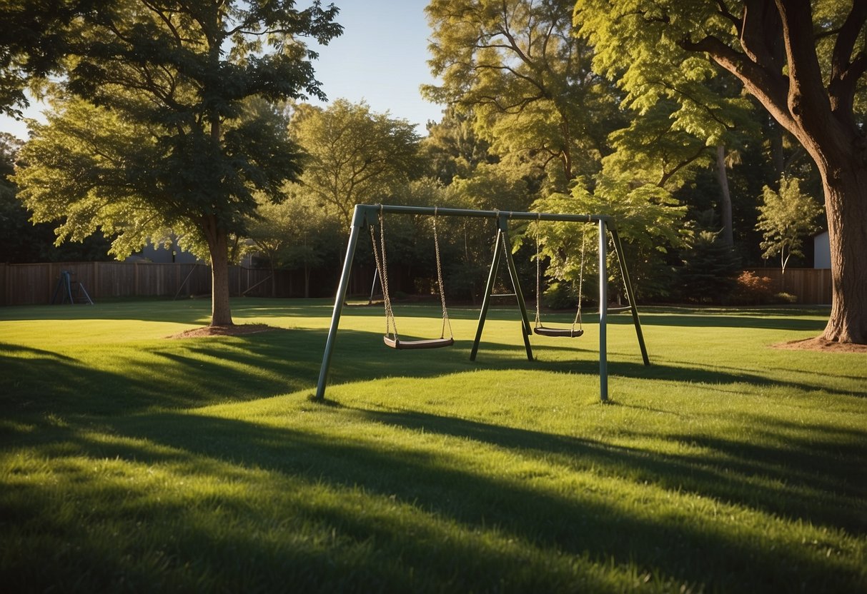 A sunny backyard with lush green grass and a clear, open area for a swing set. Surrounding trees provide shade and a sense of privacy