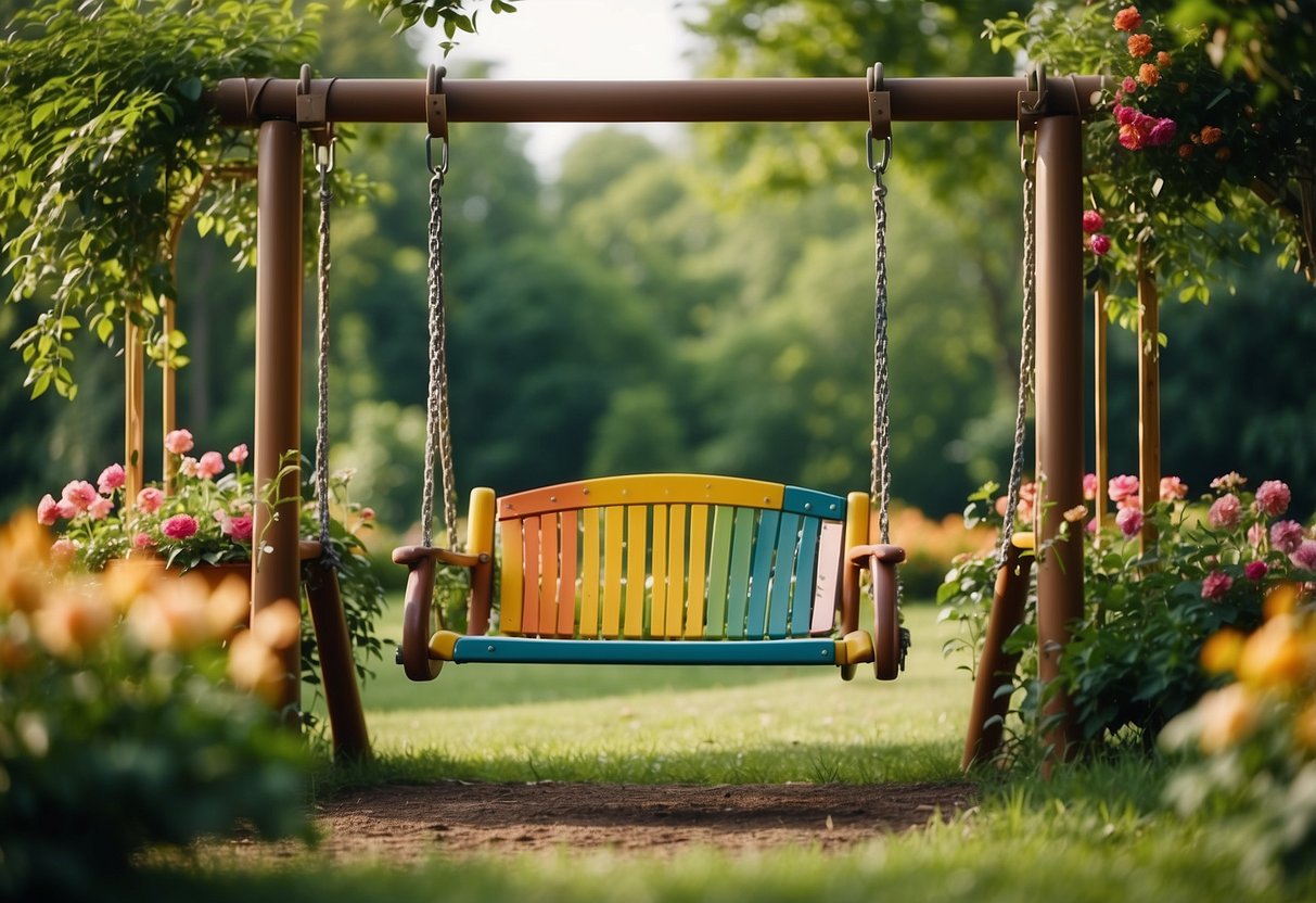 A colorful swing set nestled among lush greenery in a spacious garden, surrounded by blooming flowers and towering trees